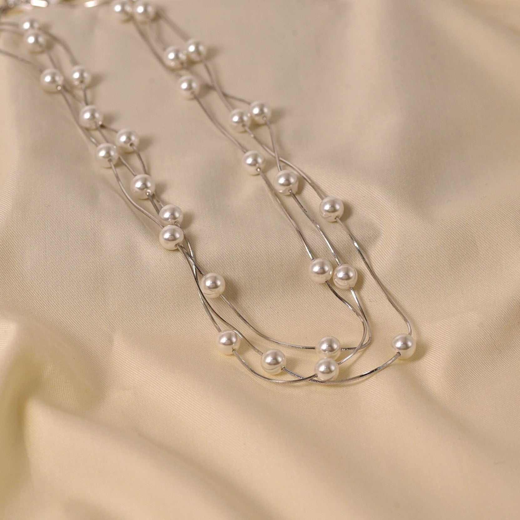 3 Stringed Pearl Necklace - Silver