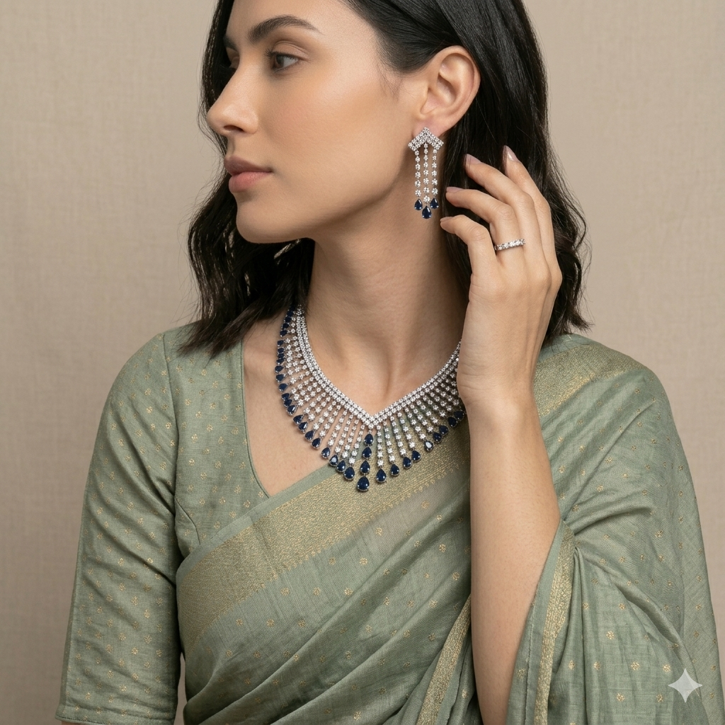 925 Silver Diamond and Blue Crystal  Party Wear Luxury Necklace Set by Elyta
