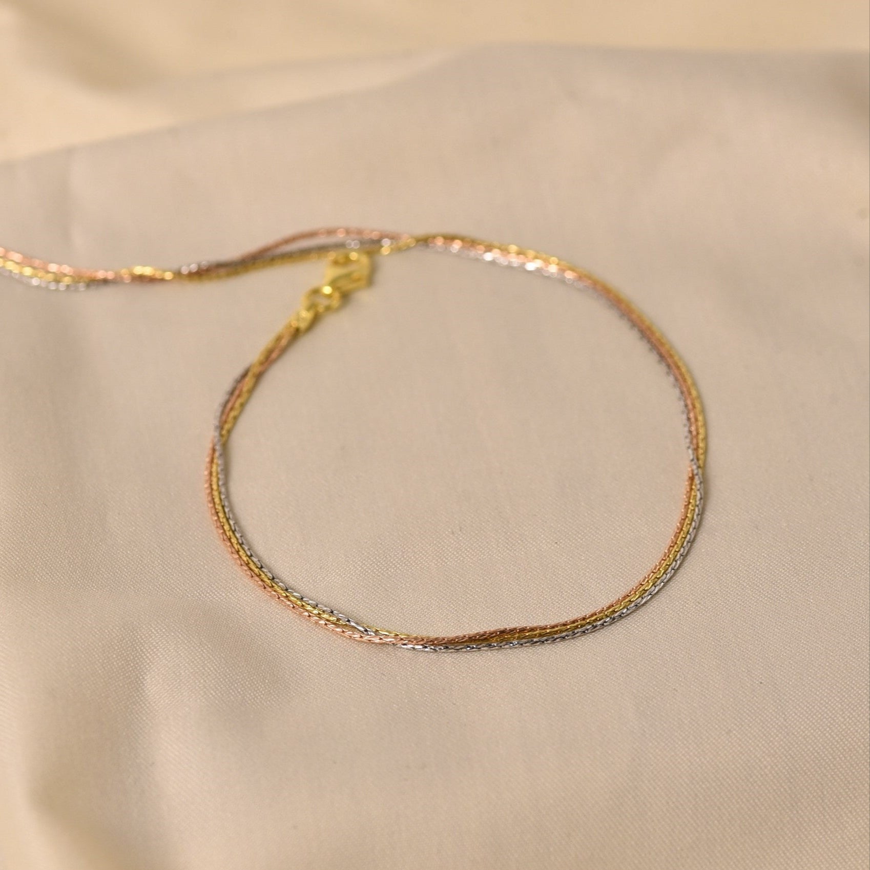 3-Line Anklet - 3.2" Rhodium + Rose Gold + Gold (Single Piece)