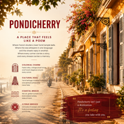 A scenic promotional graphic for Pondicherry, showing a sunlit cobblestone street lined with warm yellow buildings, hanging black wrought-iron wall lamps, and abundant pink and red flowers. Large red text at the top reads 'PONDICHERRY,' with descriptive copy below about colonial charm, cultural soul, coastal breeze, and citrus grooves.