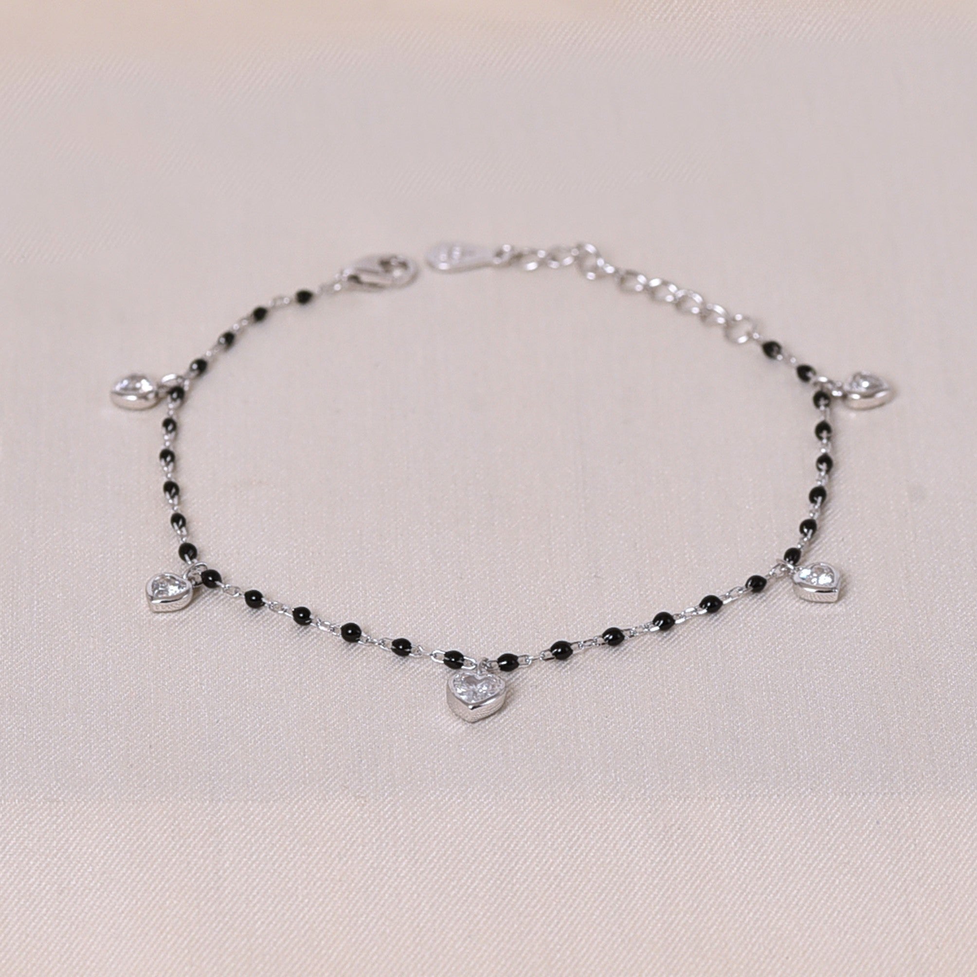 Silver Heart Black Beaded Mangalsutra Bracelet