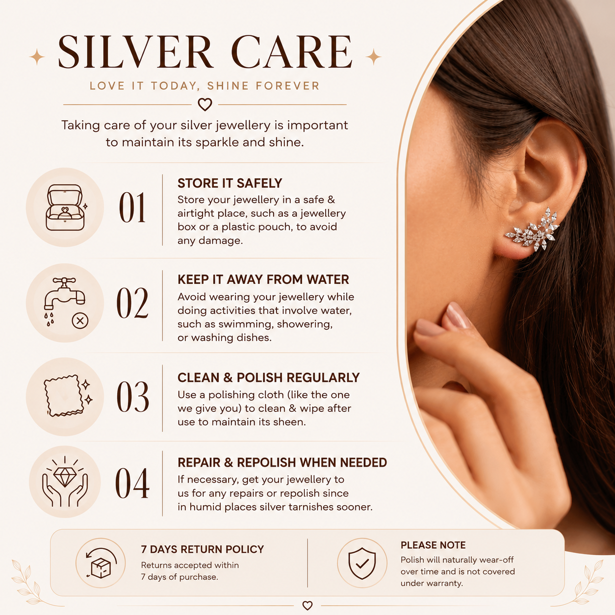An informational marketing graphic for 'Silver Care' jewelry maintenance. The left side features a beige background with the title 'SILVER CARE' and four numbered tips with icons for storing safely, keeping away from water, cleaning/polishing regularly, and repairing when needed.