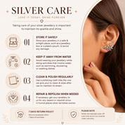 An informational marketing graphic for 'Silver Care' jewelry maintenance. The left side features a beige background with the title 'SILVER CARE' and four numbered tips with icons for storing safely, keeping away from water, cleaning/polishing regularly, and repairing when needed.