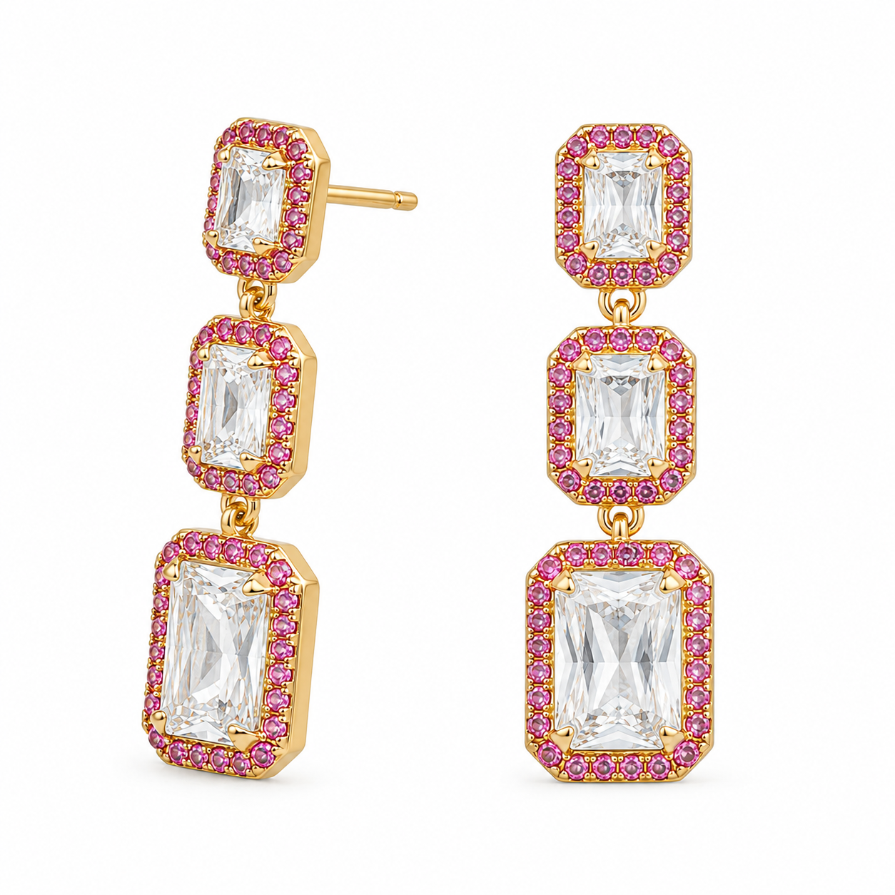 Pink Crystal Three Diamonds Earrings