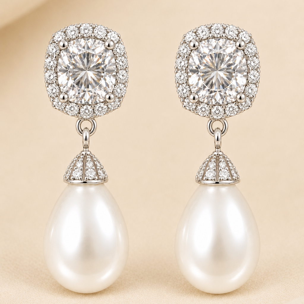 Square Crystal Pearl Drop Earrings