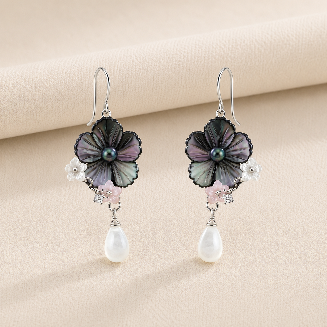 925 Silver Pearlora Earrings - Black