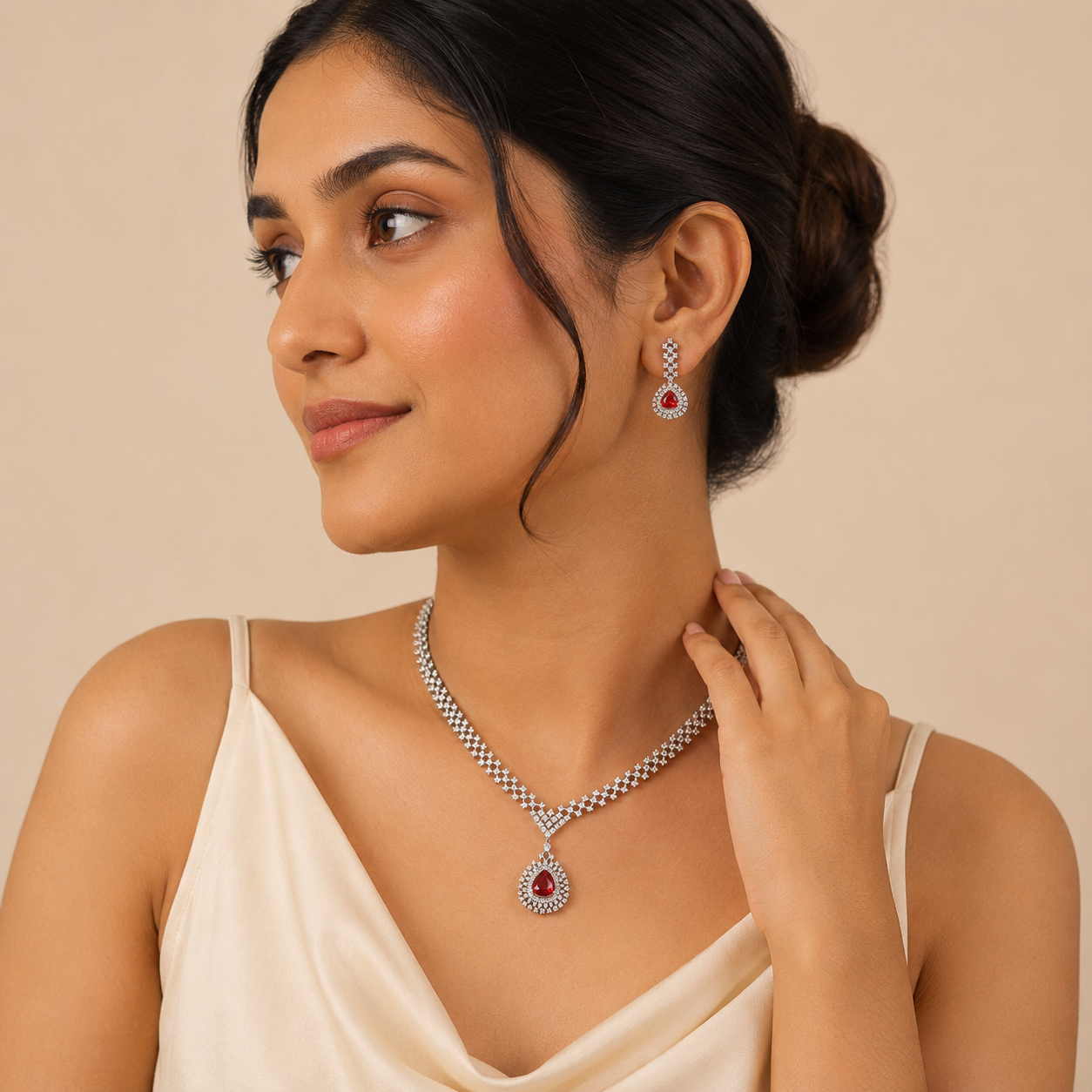 Sterling Silver Trident Necklace - Red