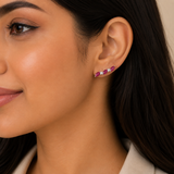 952 Silver Leaf Curved Earring - Pink