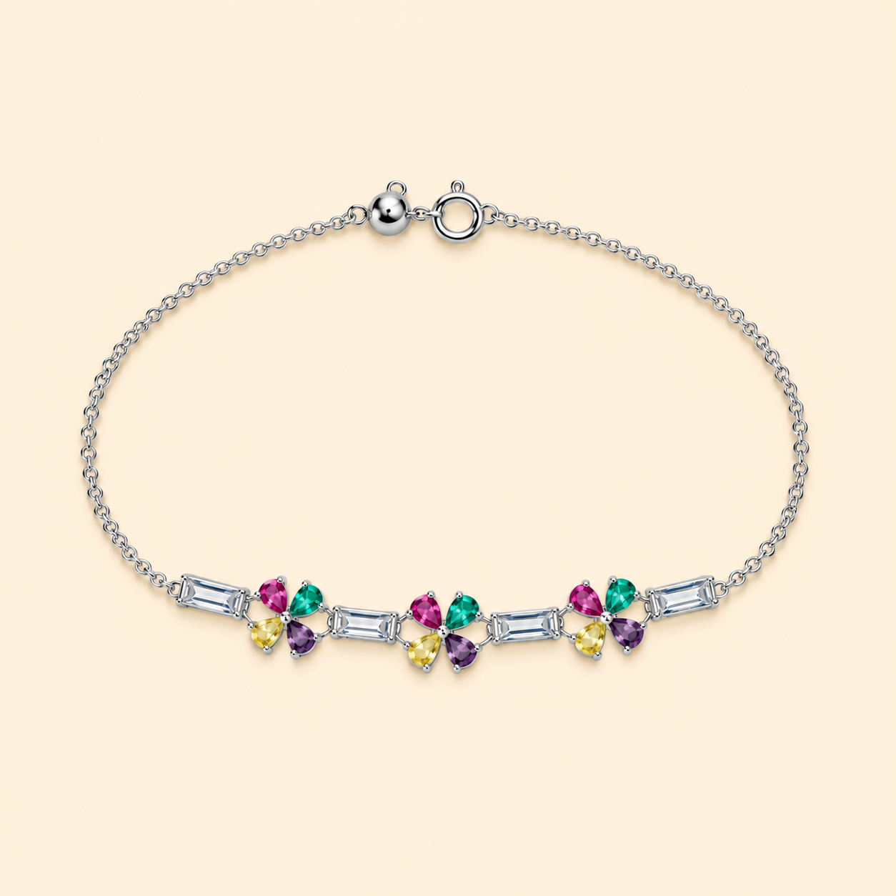 925 Silver Multifcolor Flower Bracelet