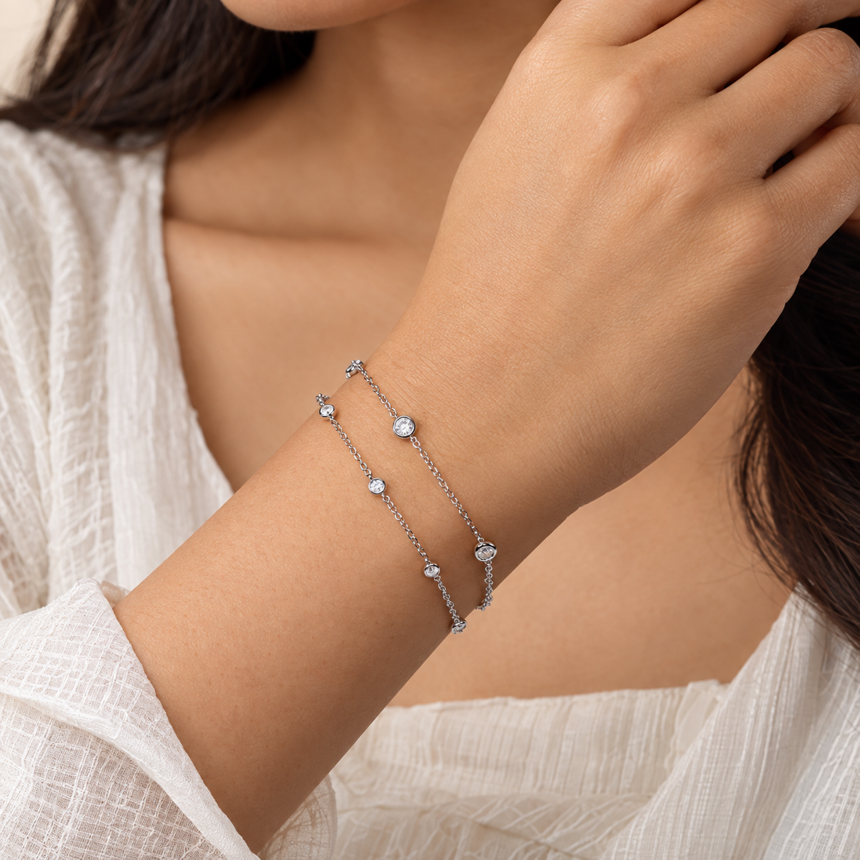 925 Silver Double Strand Bezel Bracelet