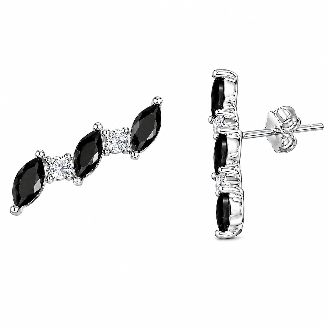 952 Silver Leaf Curved Earring - Black