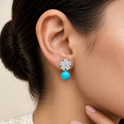 925 Silver Heart Flower Earrings - Light Blue
