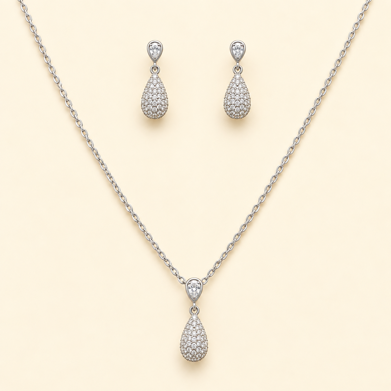925 Silver Pave Teardrop Pendent Set