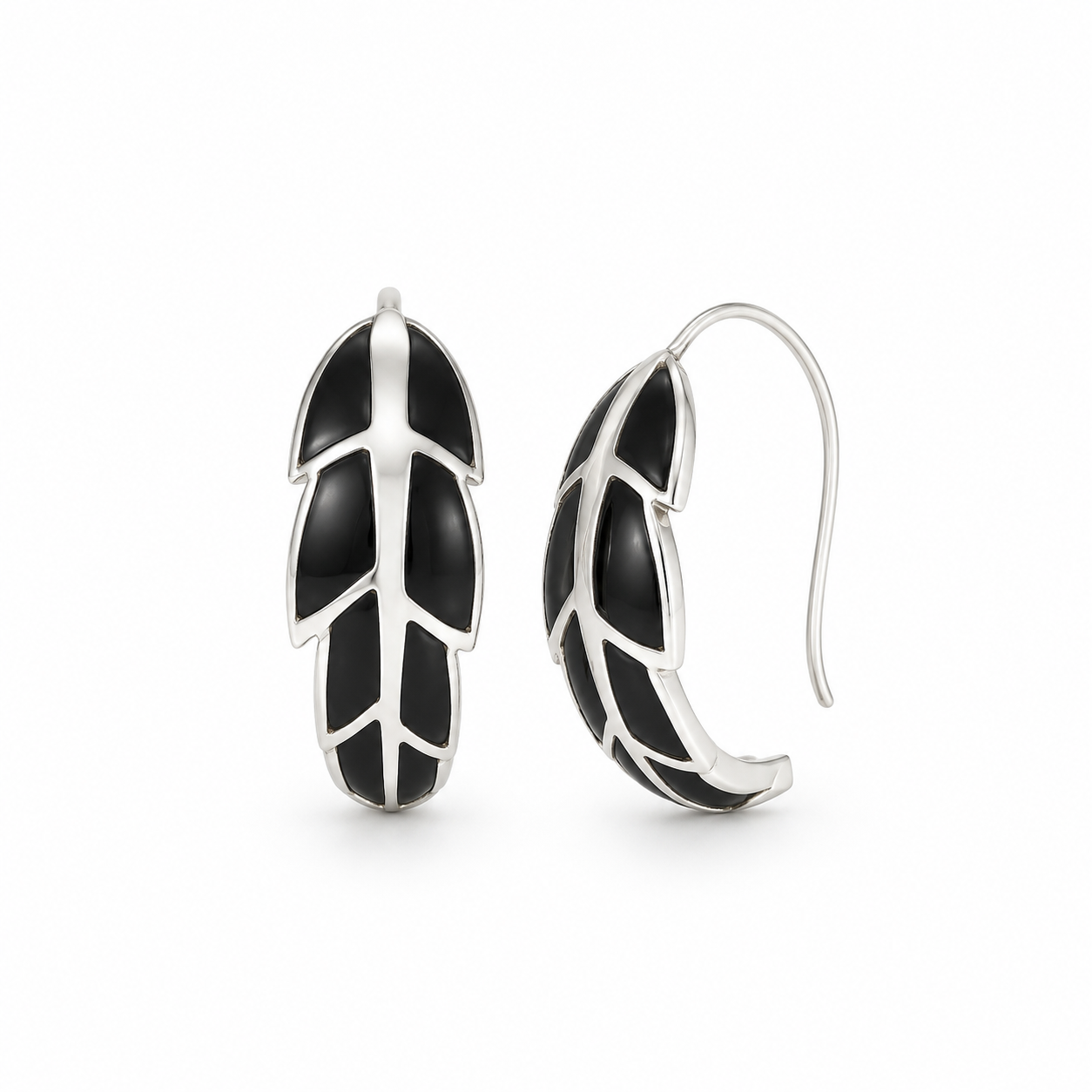 925 Silver Leaf Drop Earrings- Black