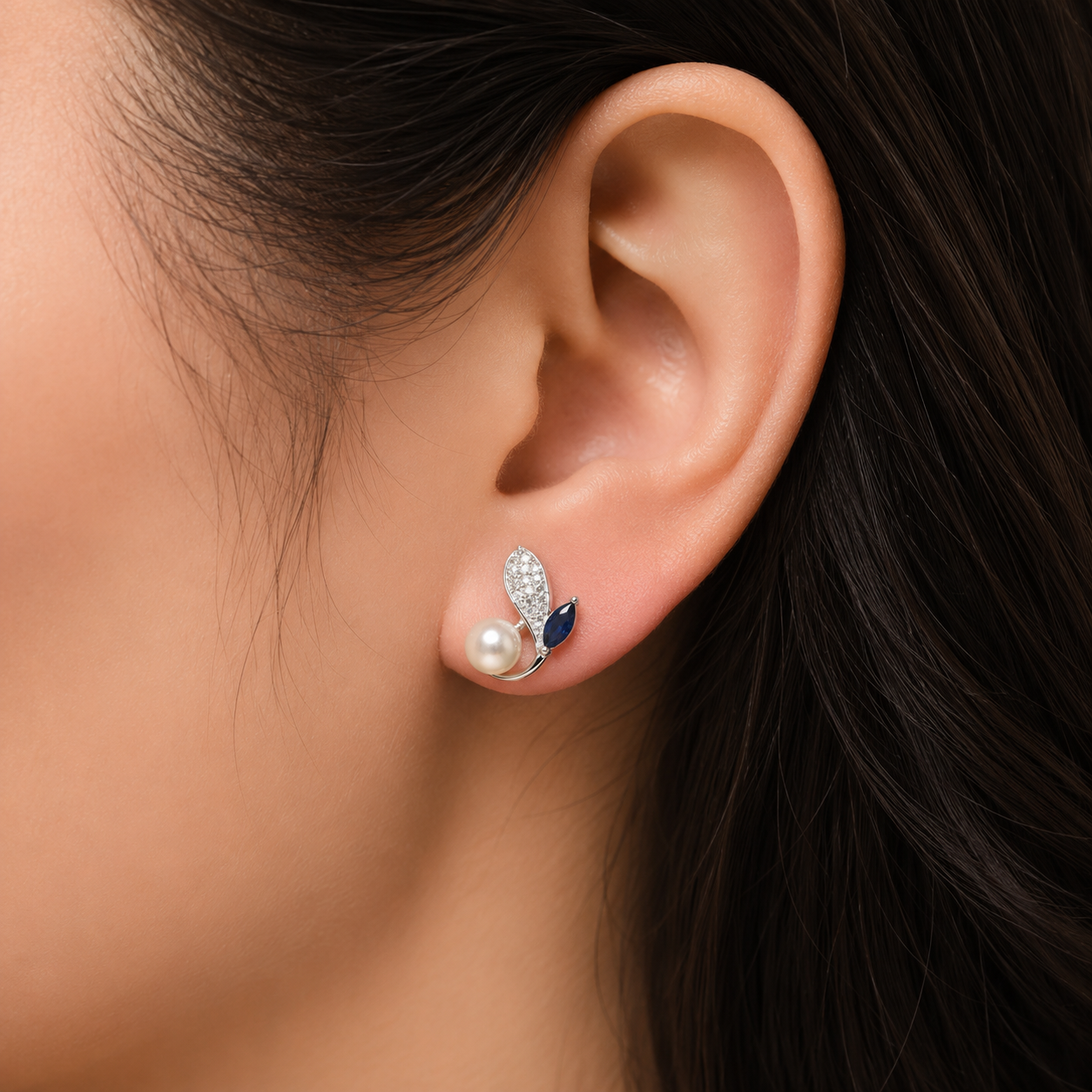 Leaf Pearl Earring - Dark Blue