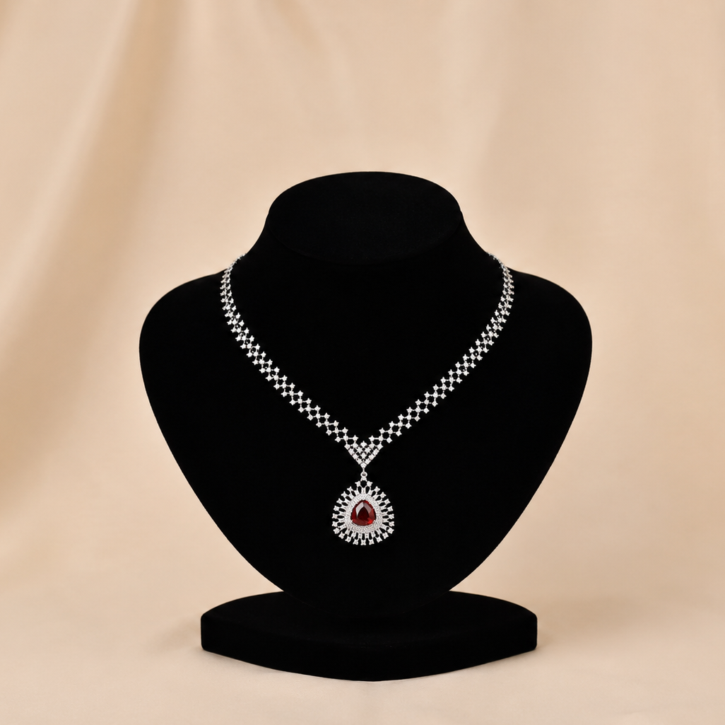 Sterling Silver Trident Necklace - Red