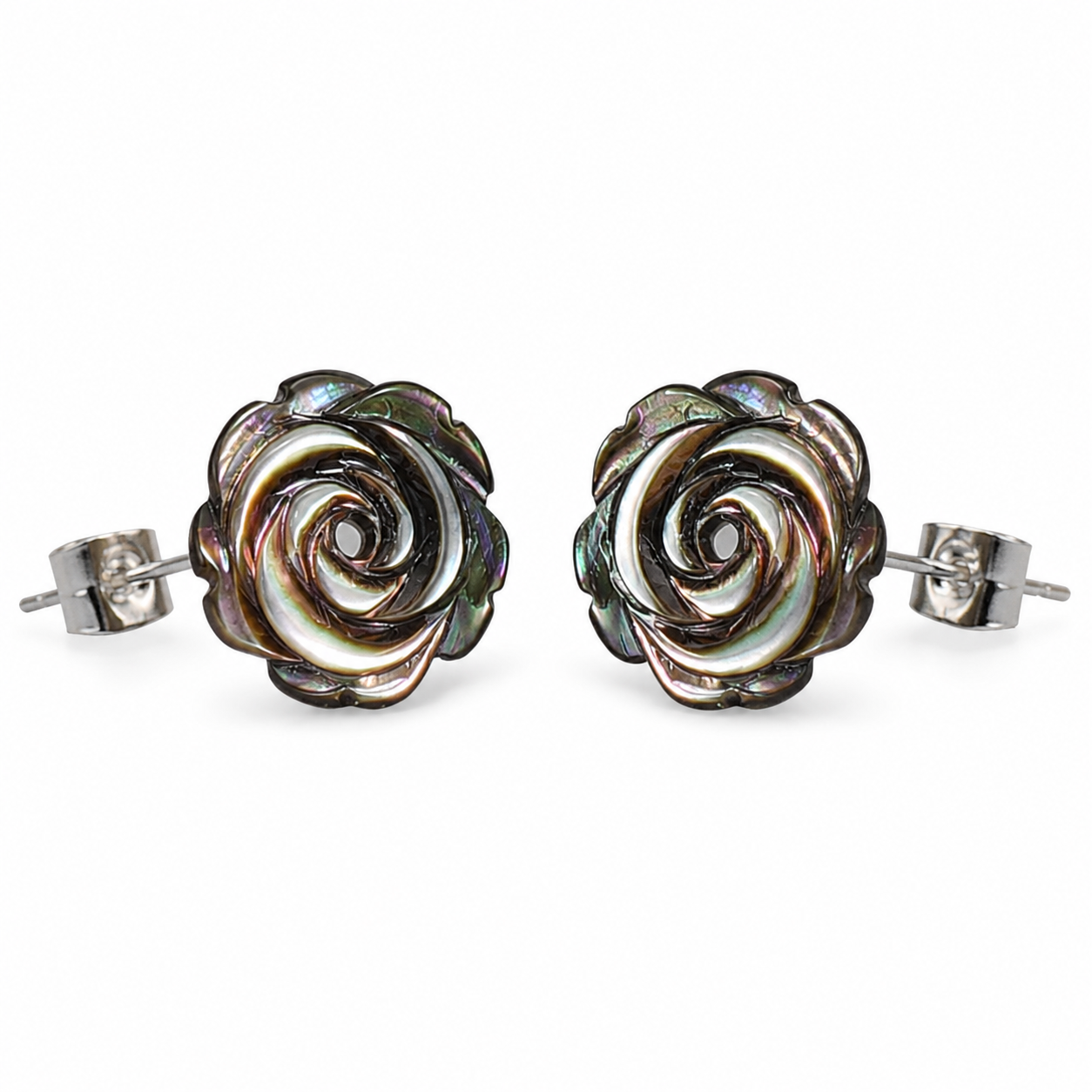 Silver Black Rose MOP Earrings - Small
