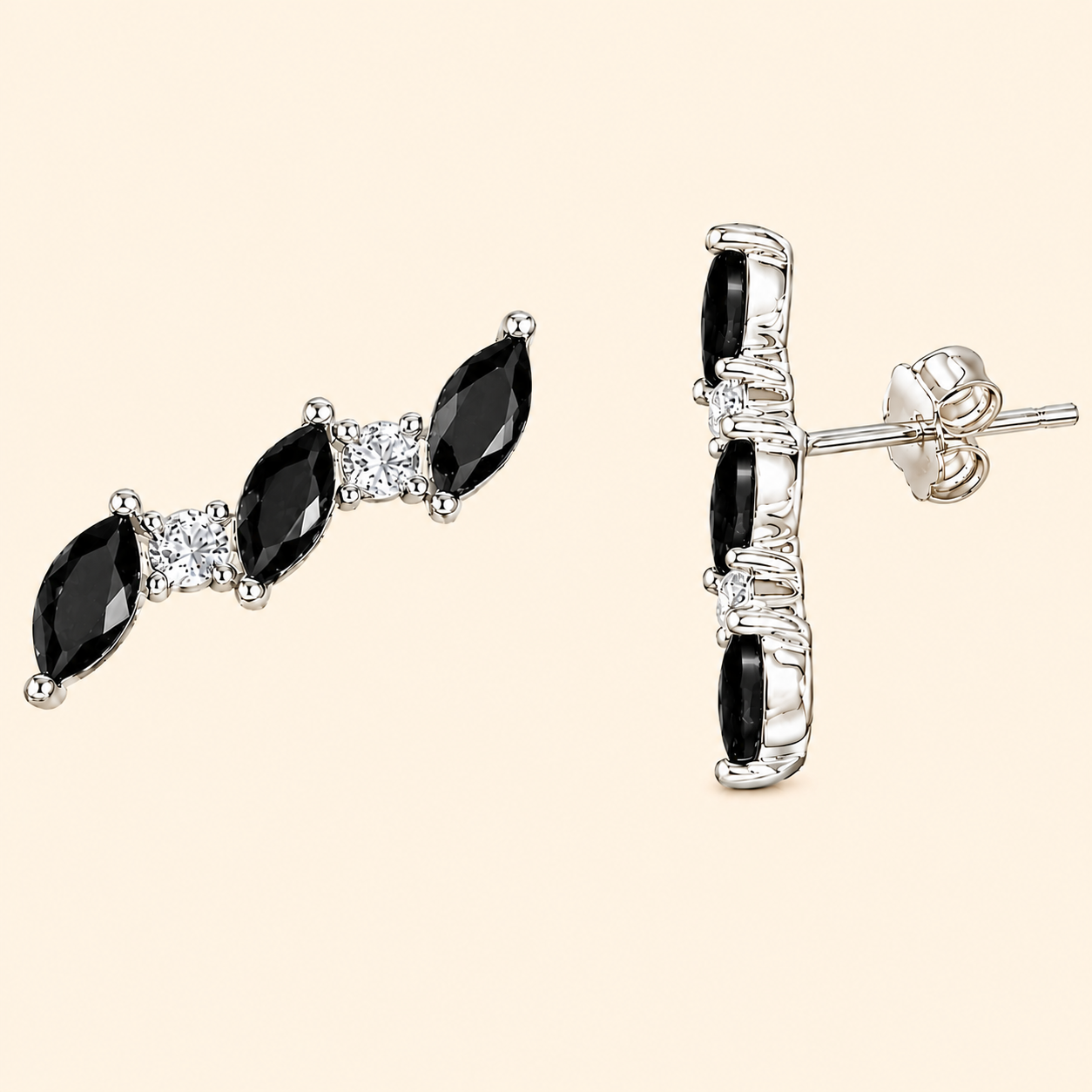 952 Silver Leaf Curved Earring - Black