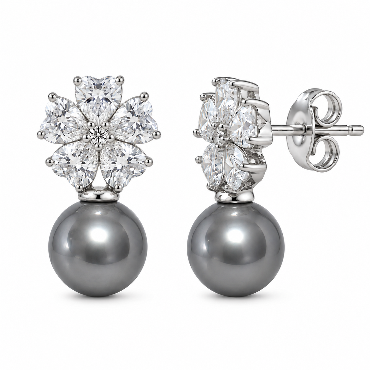 925 Silver Heart Flower Earrings - Grey