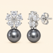 925 Silver Heart Flower Earrings - Grey
