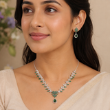 Silver Gleam Leaves Necklace Set - Green