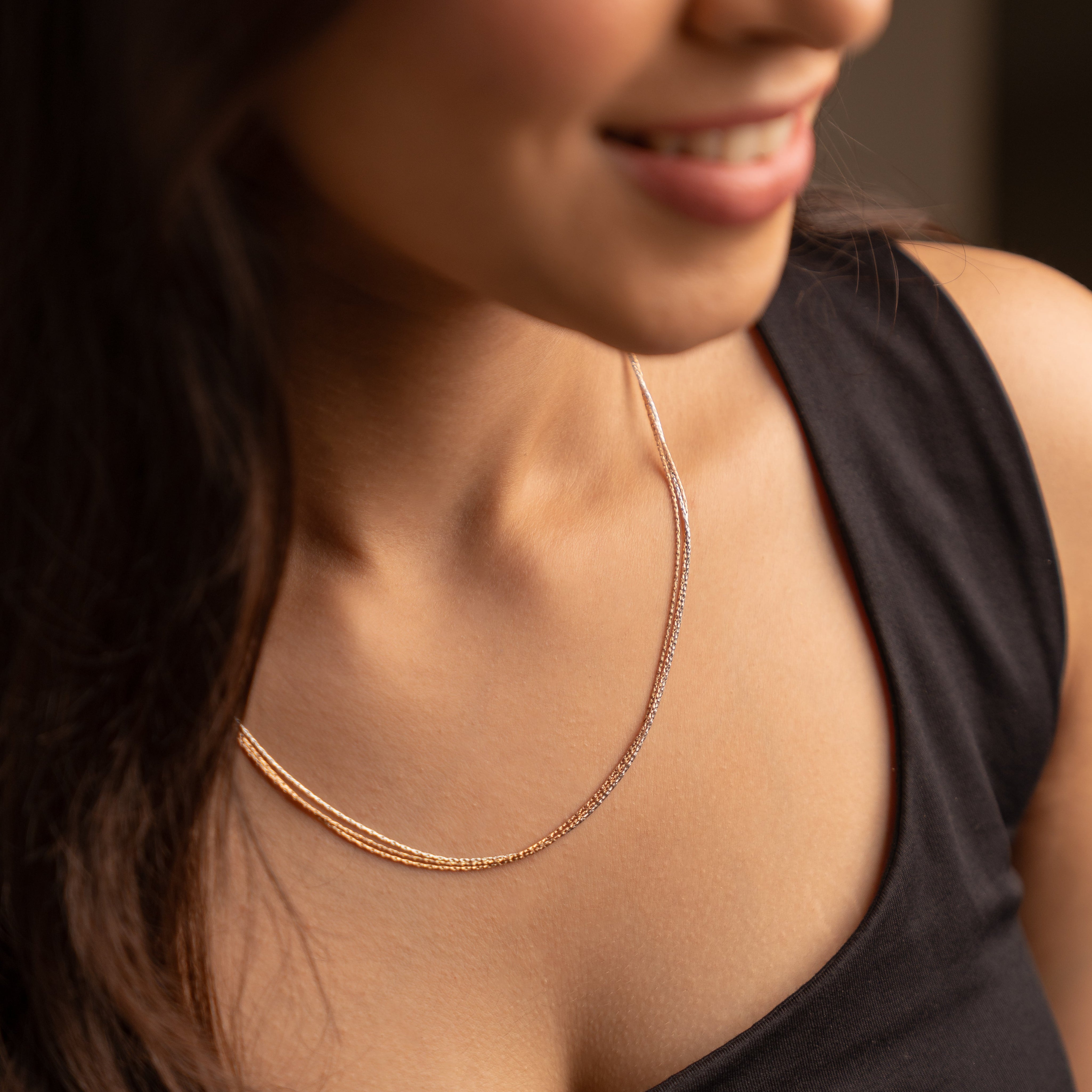 3-Line Necklace - 18" Rhodium + Rose Gold + Gold