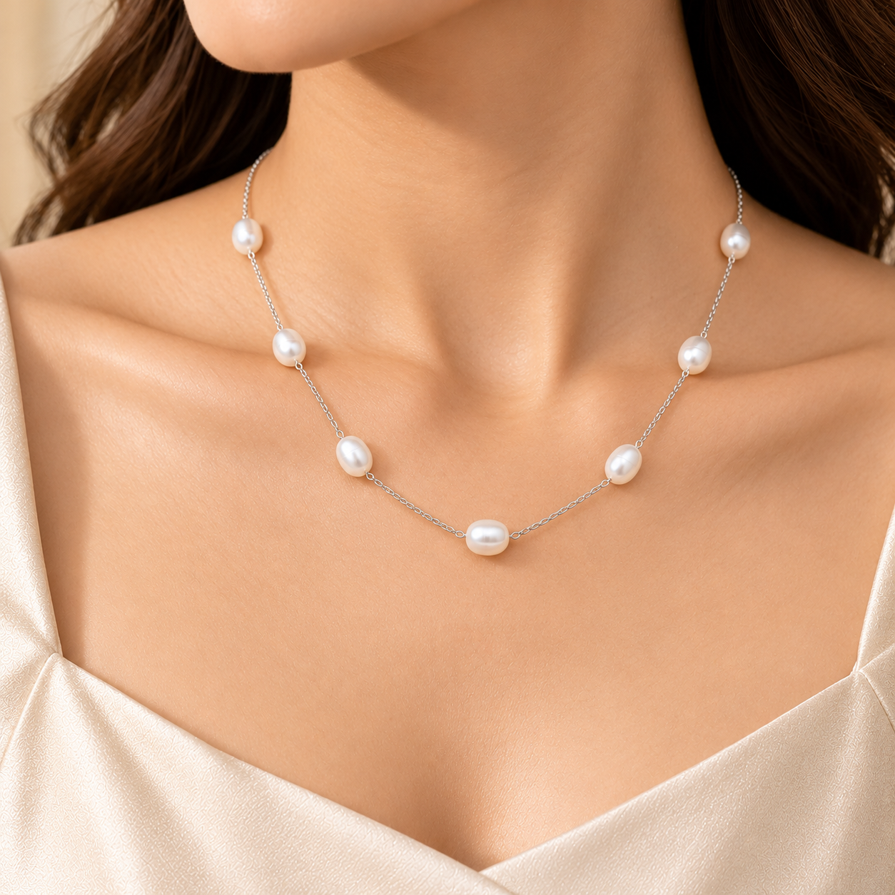 925 Silver Stringed Oval Pearl Necklace