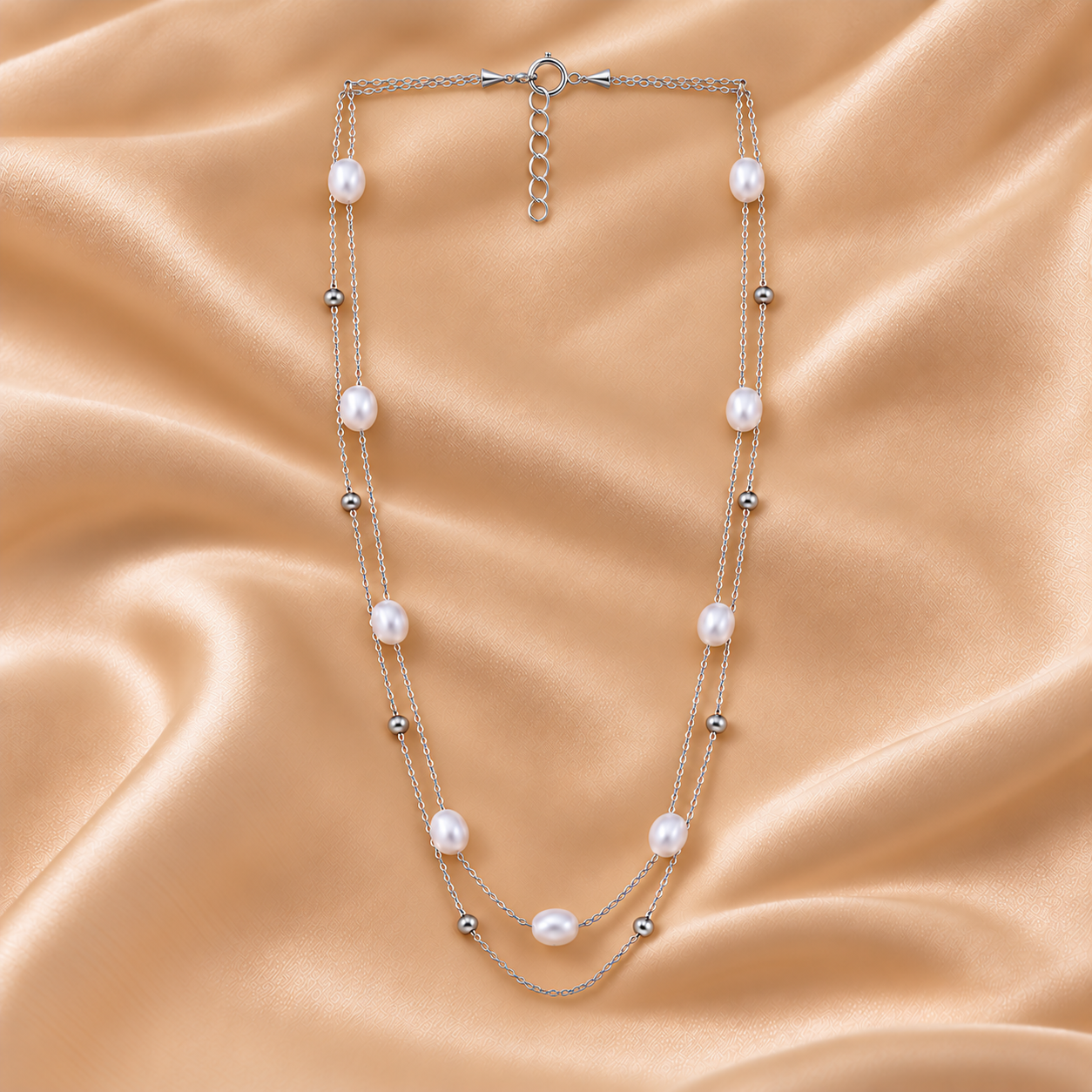 925 Silver Layered Pearls & Beaded Necklace