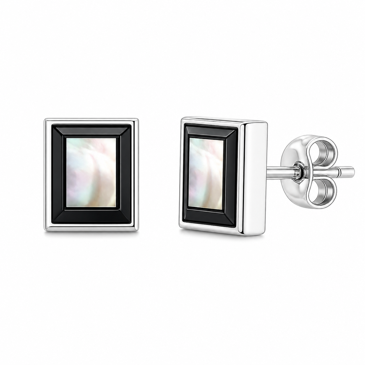 Silver Rectangle Earrings - Black MOP