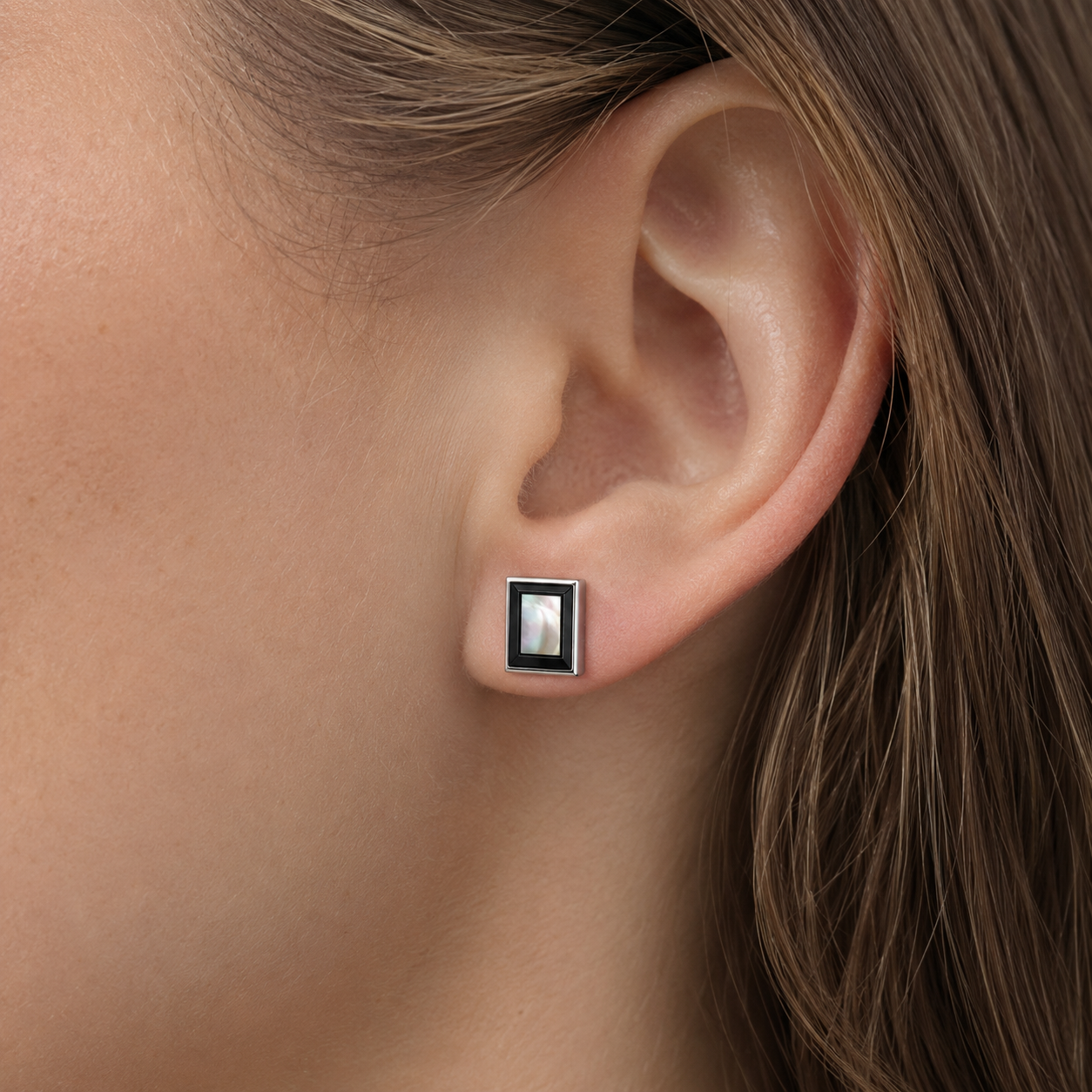Silver Rectangle Earrings - Black MOP