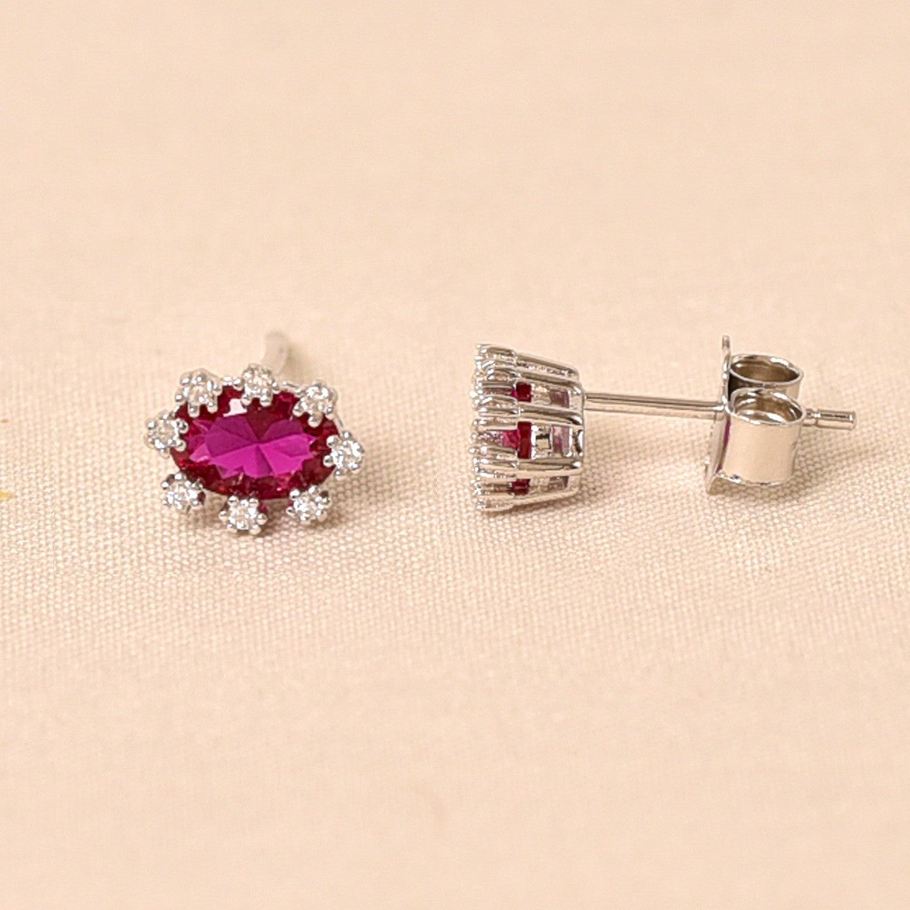 Oval Diamond Studs Earring -Dark Pink