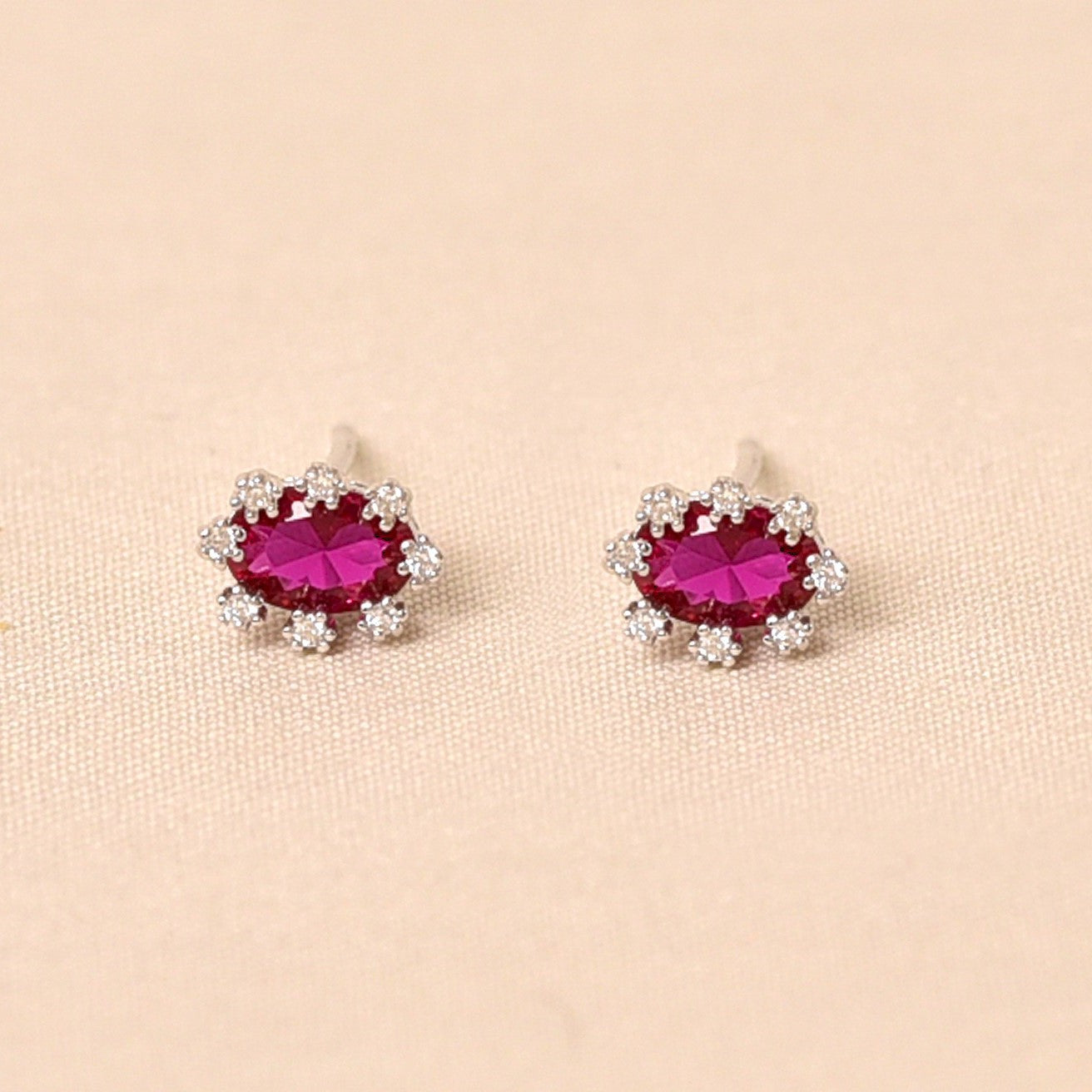 Oval Diamond Studs Earring -Dark Pink