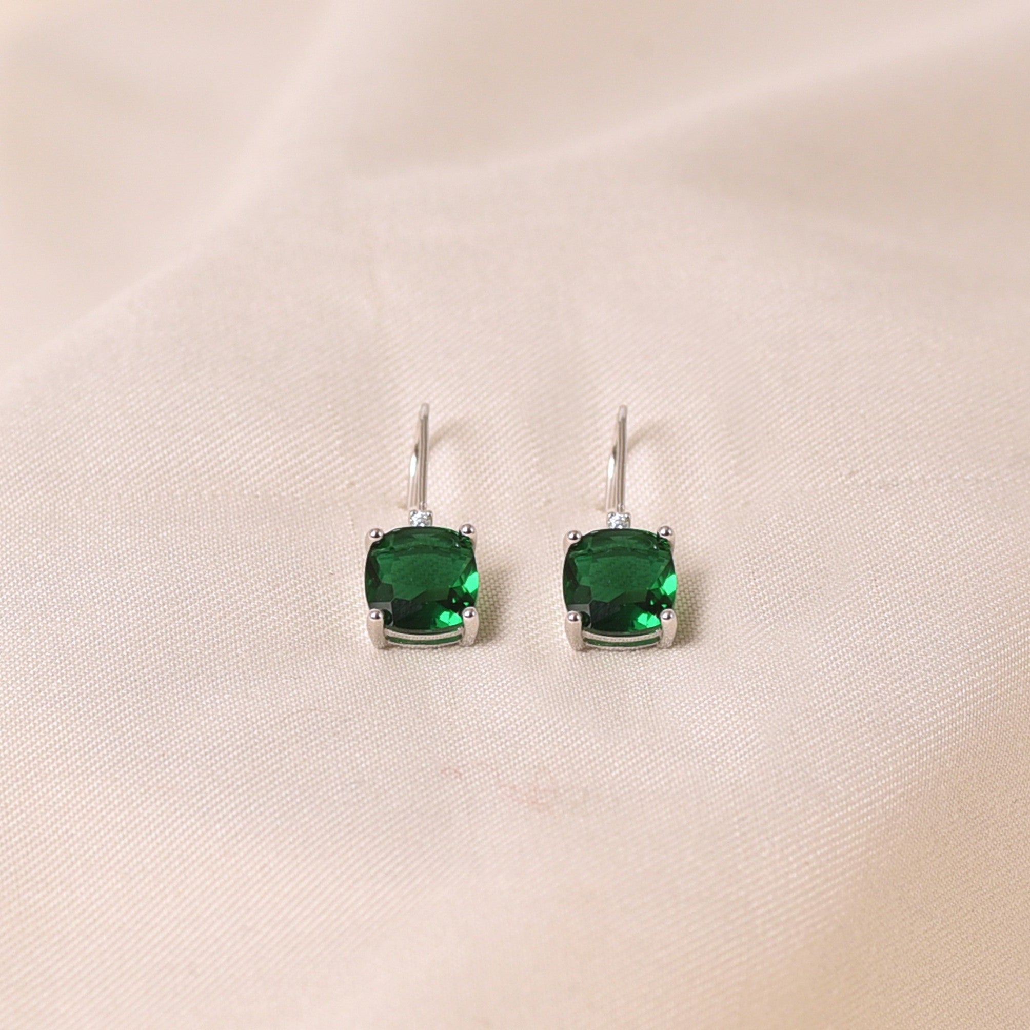 Silver Square Drop Earring - Green