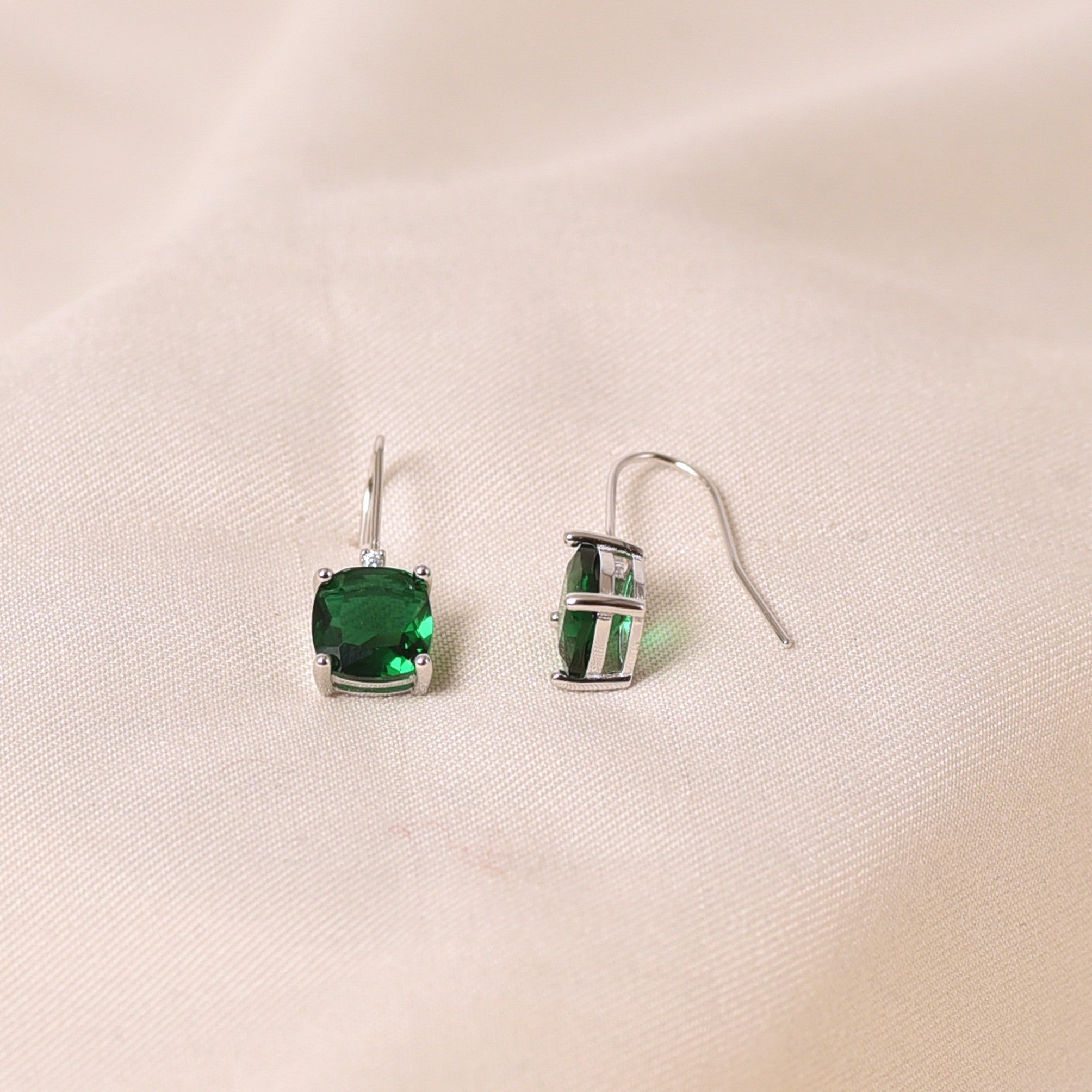Silver Square Drop Earring - Green