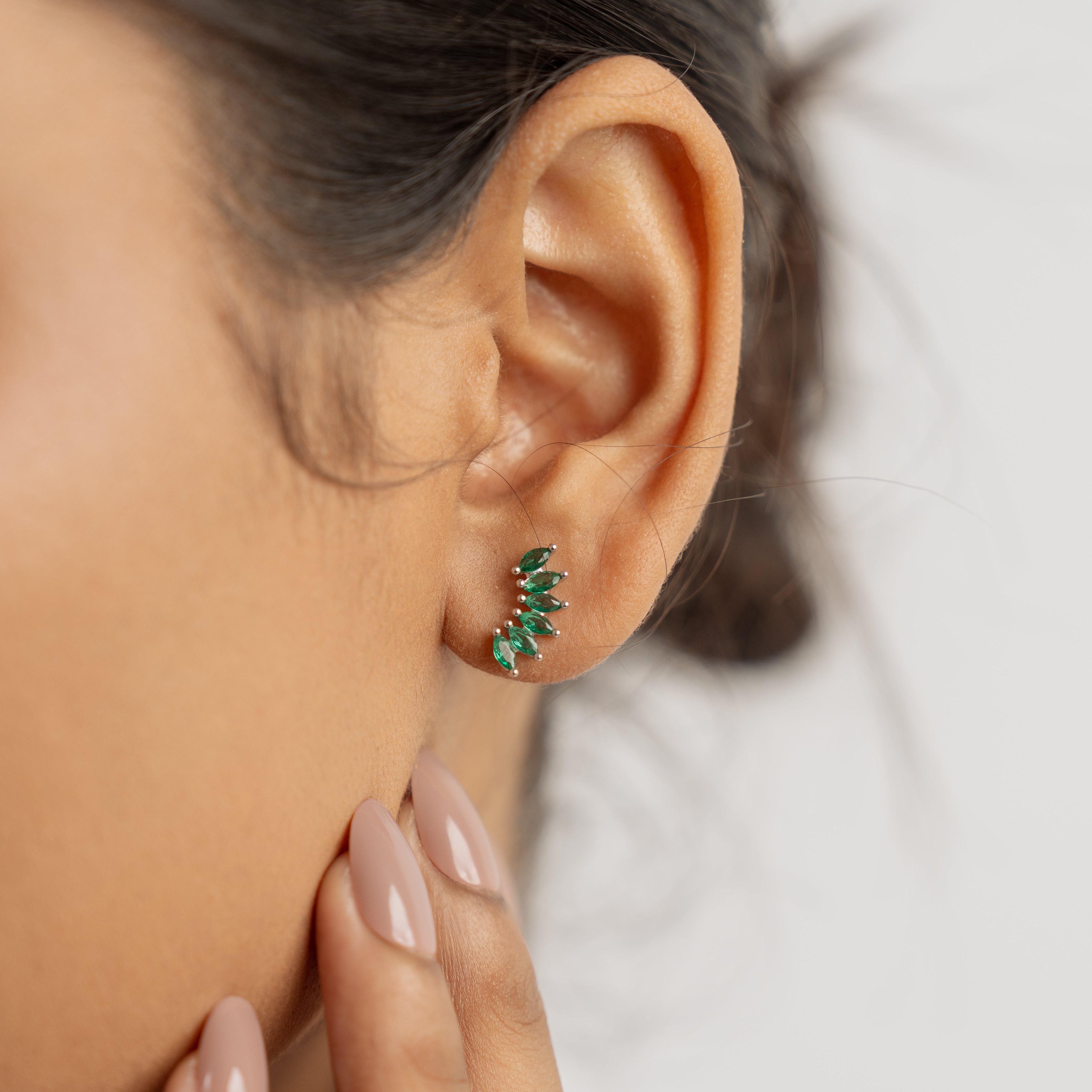 Silver Half Petal - Green Earring