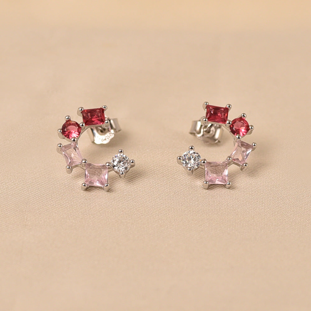 925 Silver Half Round Earrings - Dark Pink