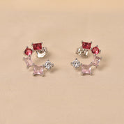 925 Silver Half Round Earrings - Dark Pink