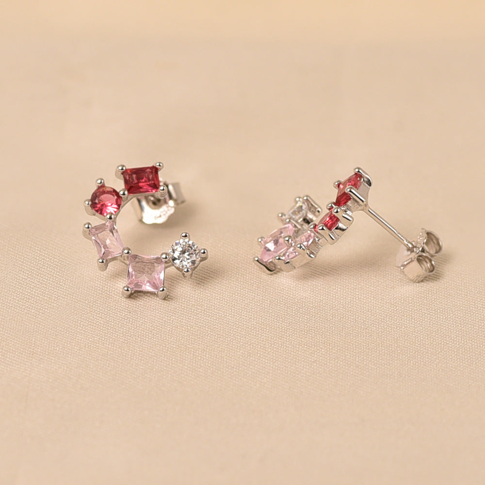 925 Silver Half Round Earrings - Dark Pink