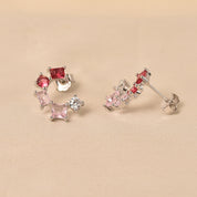 925 Silver Half Round Earrings - Dark Pink