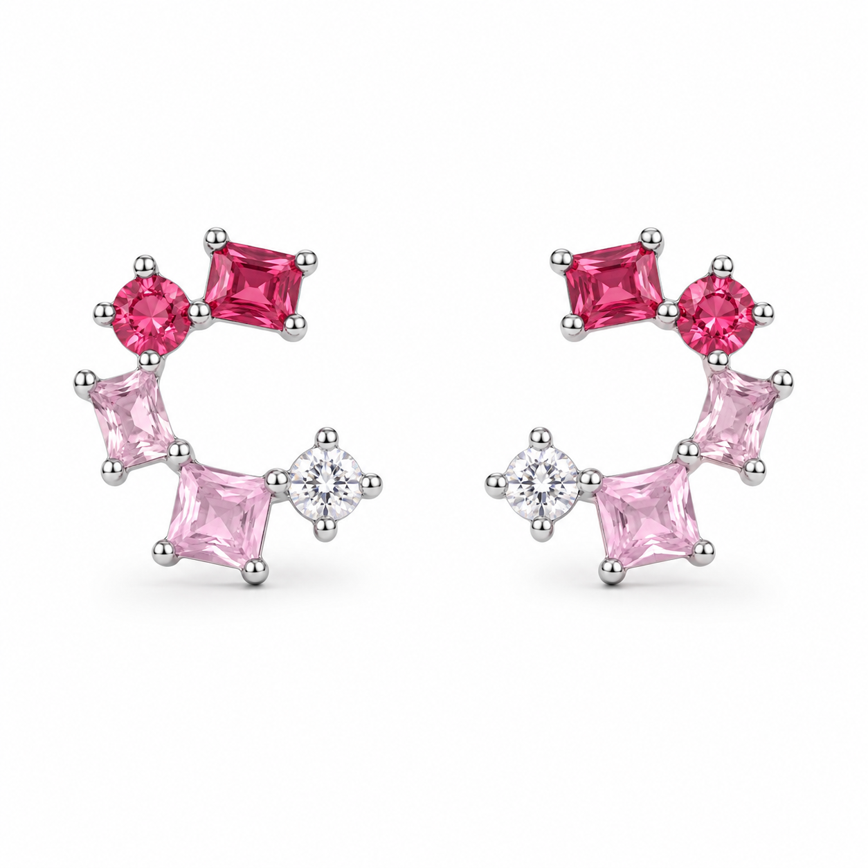 925 Silver Half Round Earrings - Dark Pink