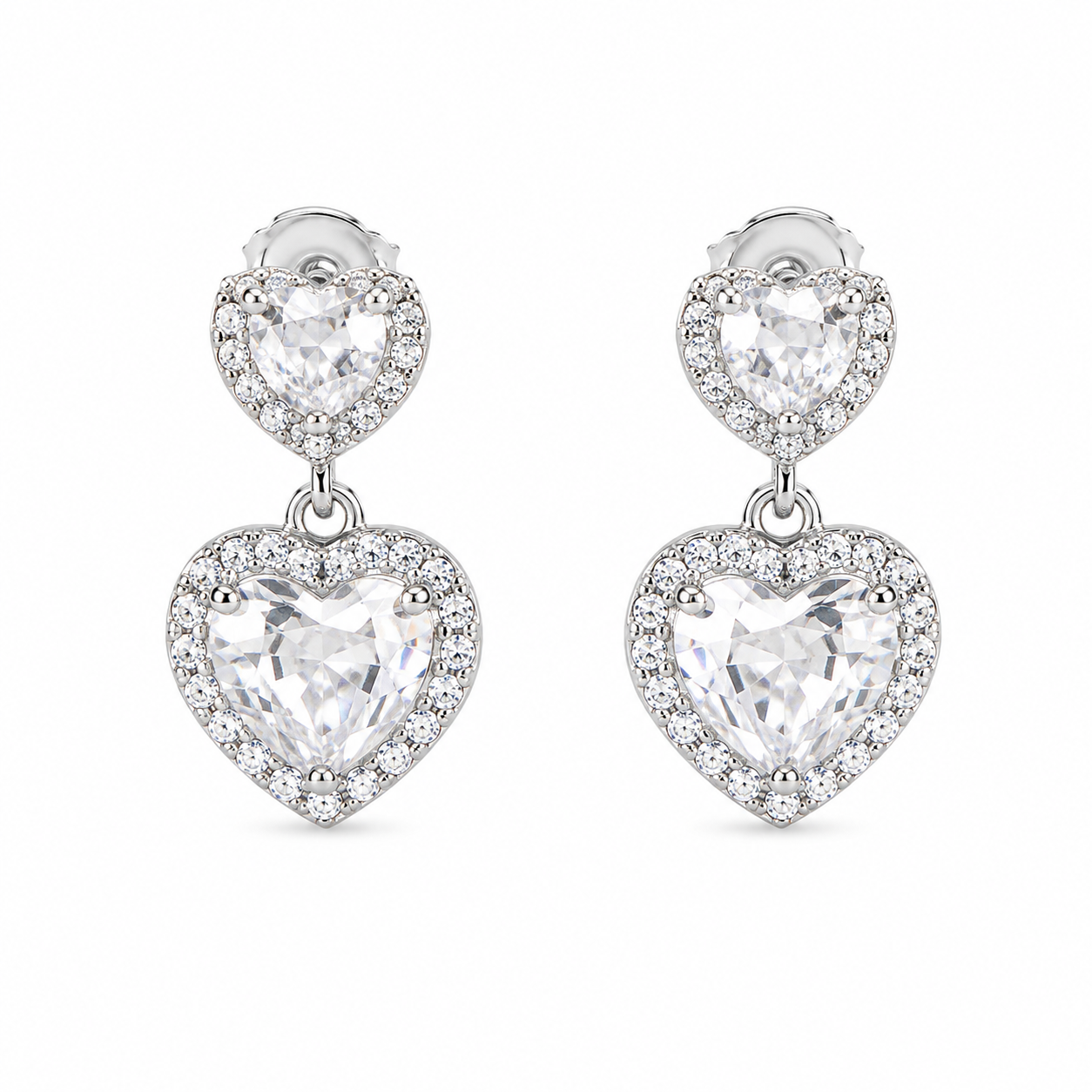 925 Silver Small & Big Heart Diamond Earrings