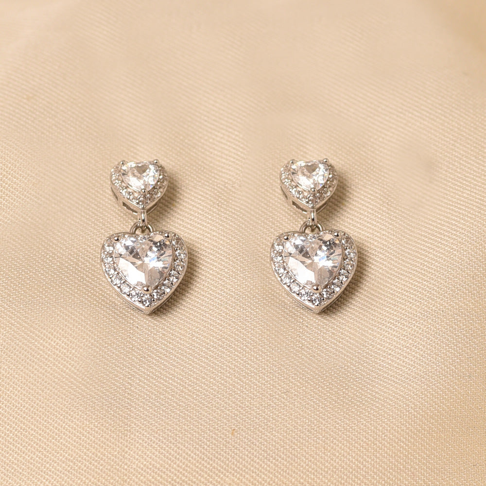 925 Silver Small & Big Heart Diamond Earrings