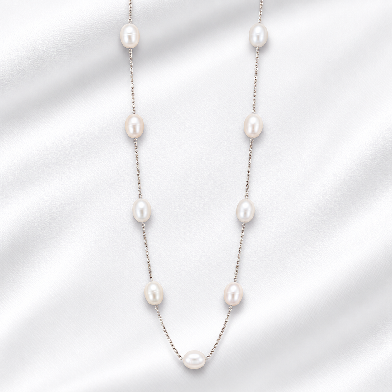 925 Silver Stringed Oval Pearl Necklace