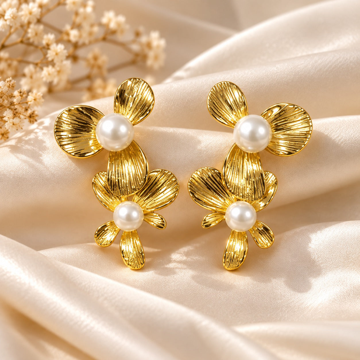 Golden Petal Pearl Statement Studs