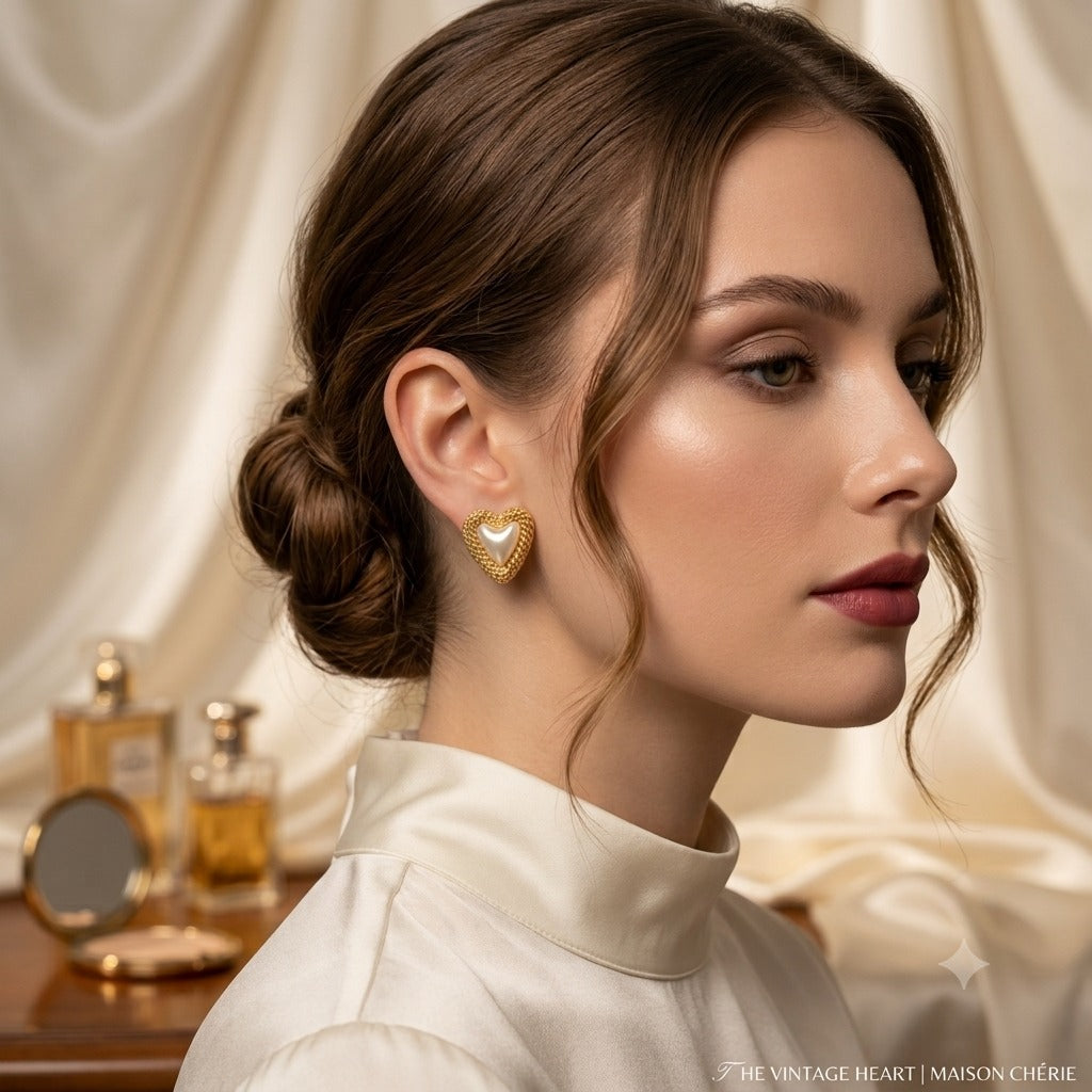 Vintage Textured Gold Heart Pearl Studs
