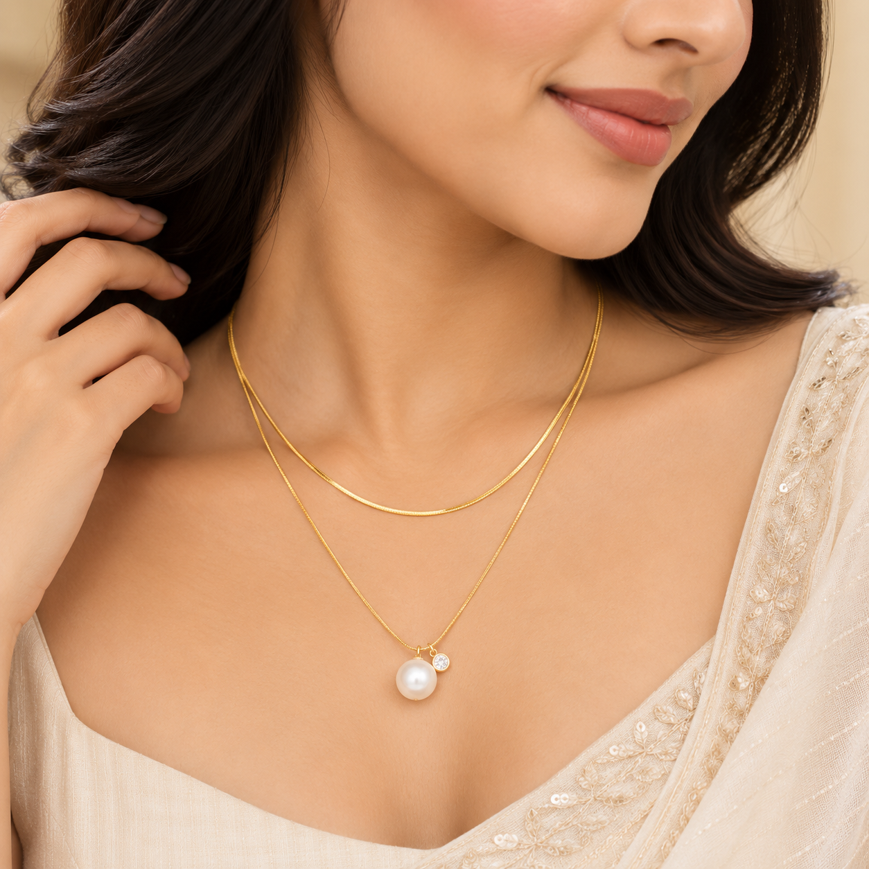 Gold Layered Pearl & CZ Necklace