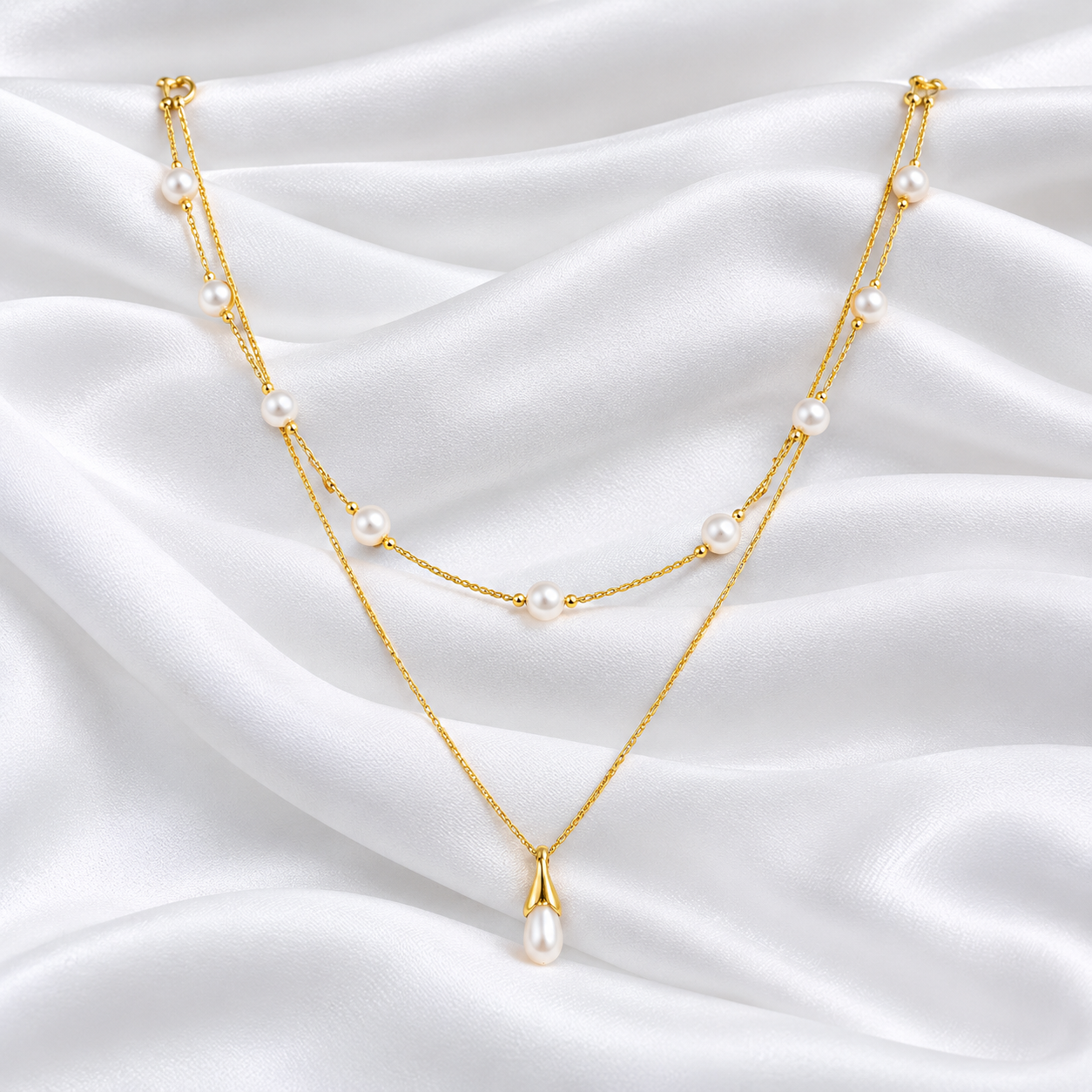 Layered Dainty Pearl Drop Necklace