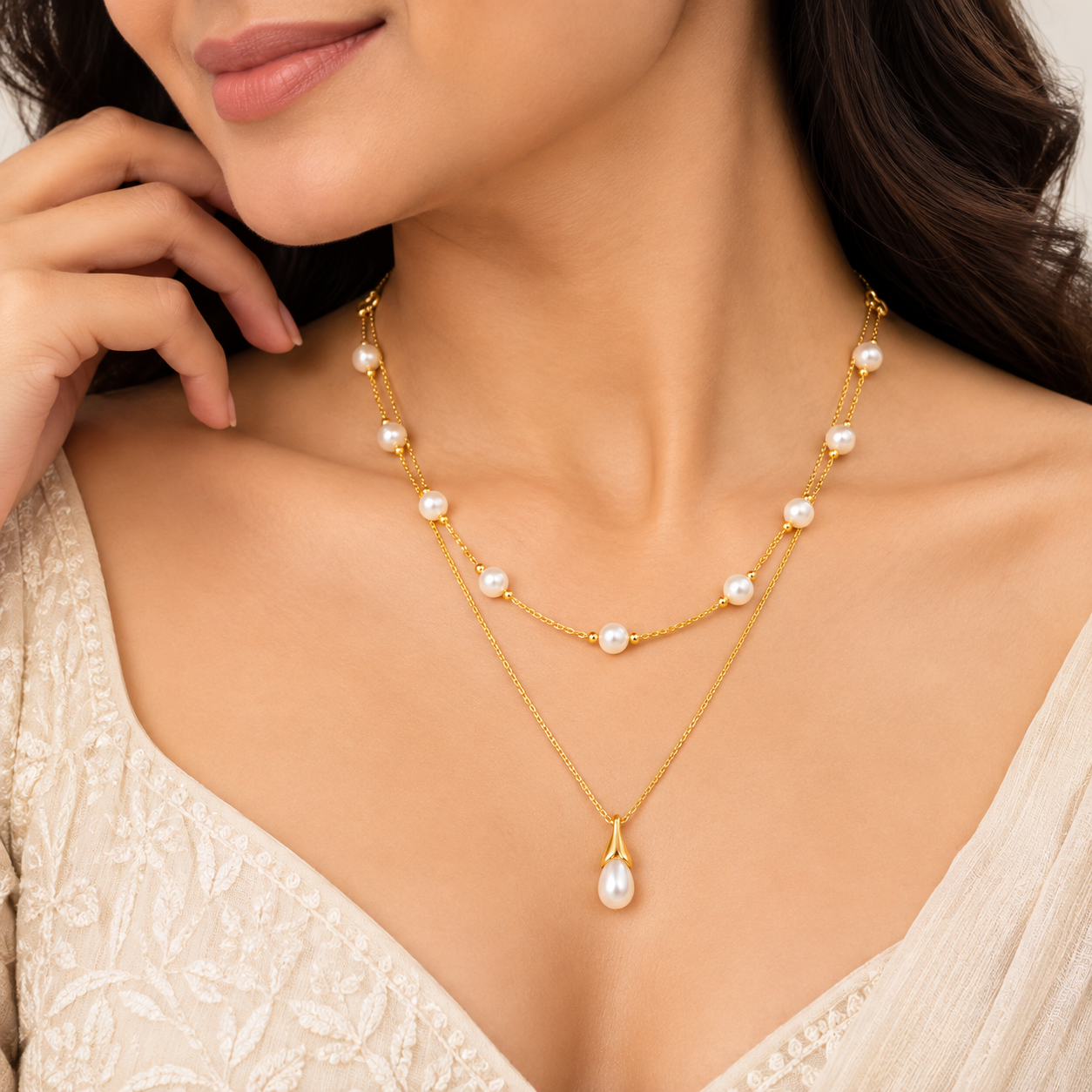 Layered Dainty Pearl Drop Necklace