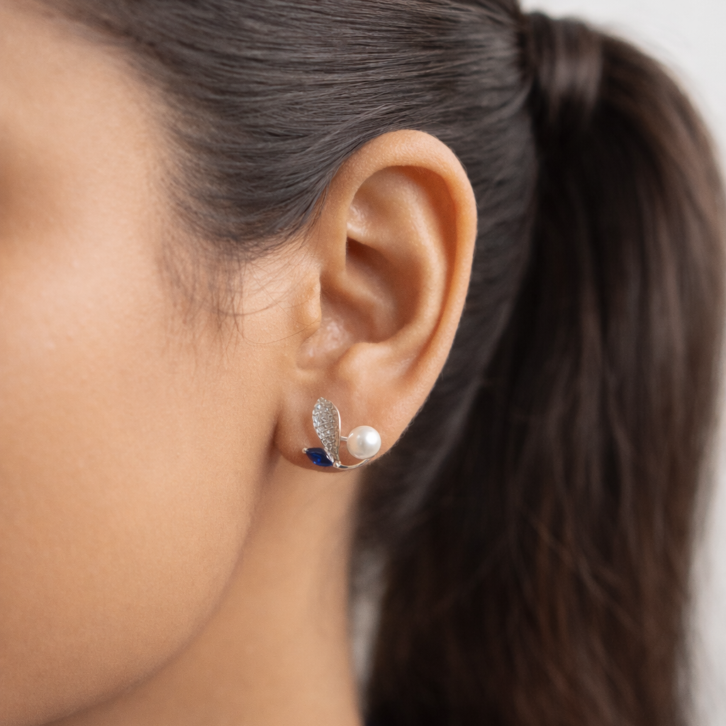 925 Sterling Silver  Pearl  Blue Leaf Stud Earring - Elyta