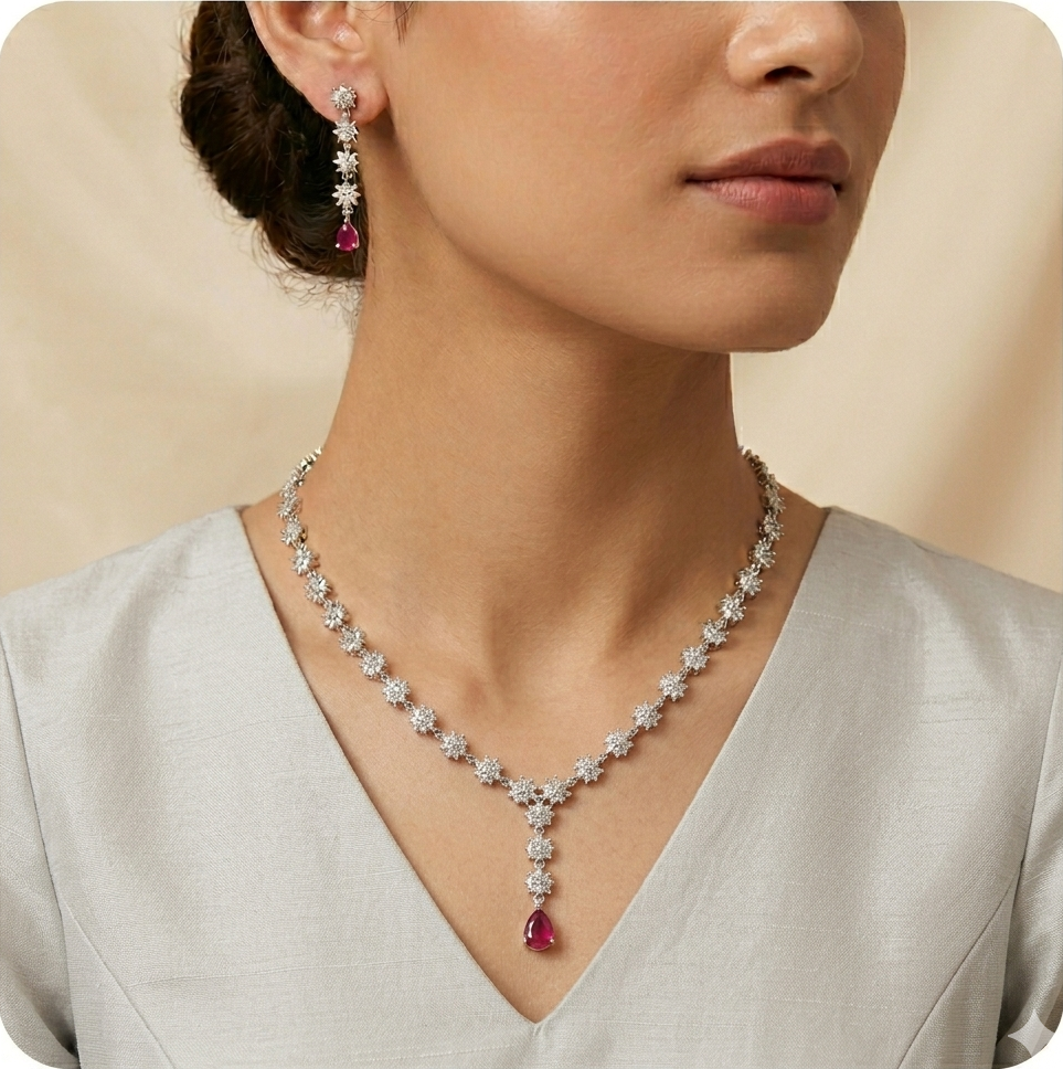 Premium 925 silver necklace mimicking fine diamond jewelry with Red Crystal - Elyta